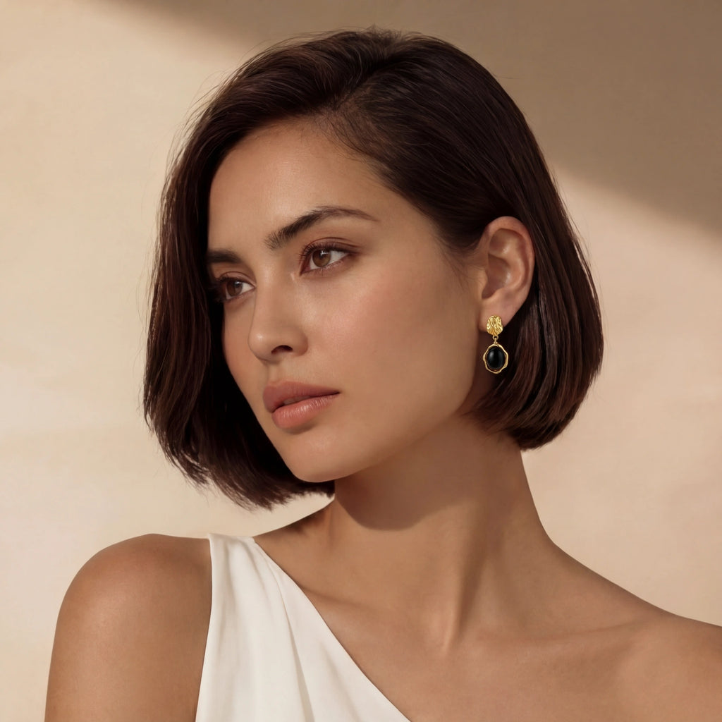 Product detail of Black Agate Drop Earrings Ripple Gold by Averuna Jewellery