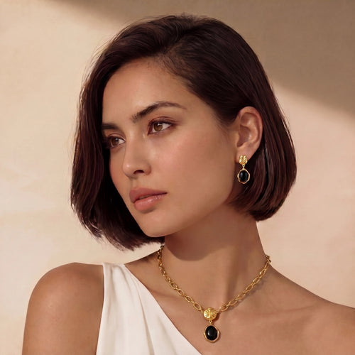 Lifestyle view of Black Agate Drop Earrings Ripple Gold by Averuna Jewellery