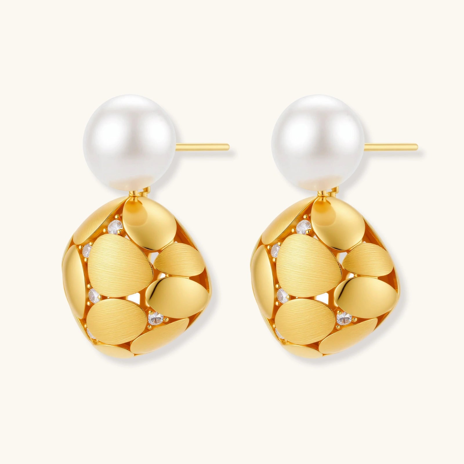 Close-up detail of Petal Drop Pearl Earrings by Averuna Jewellery