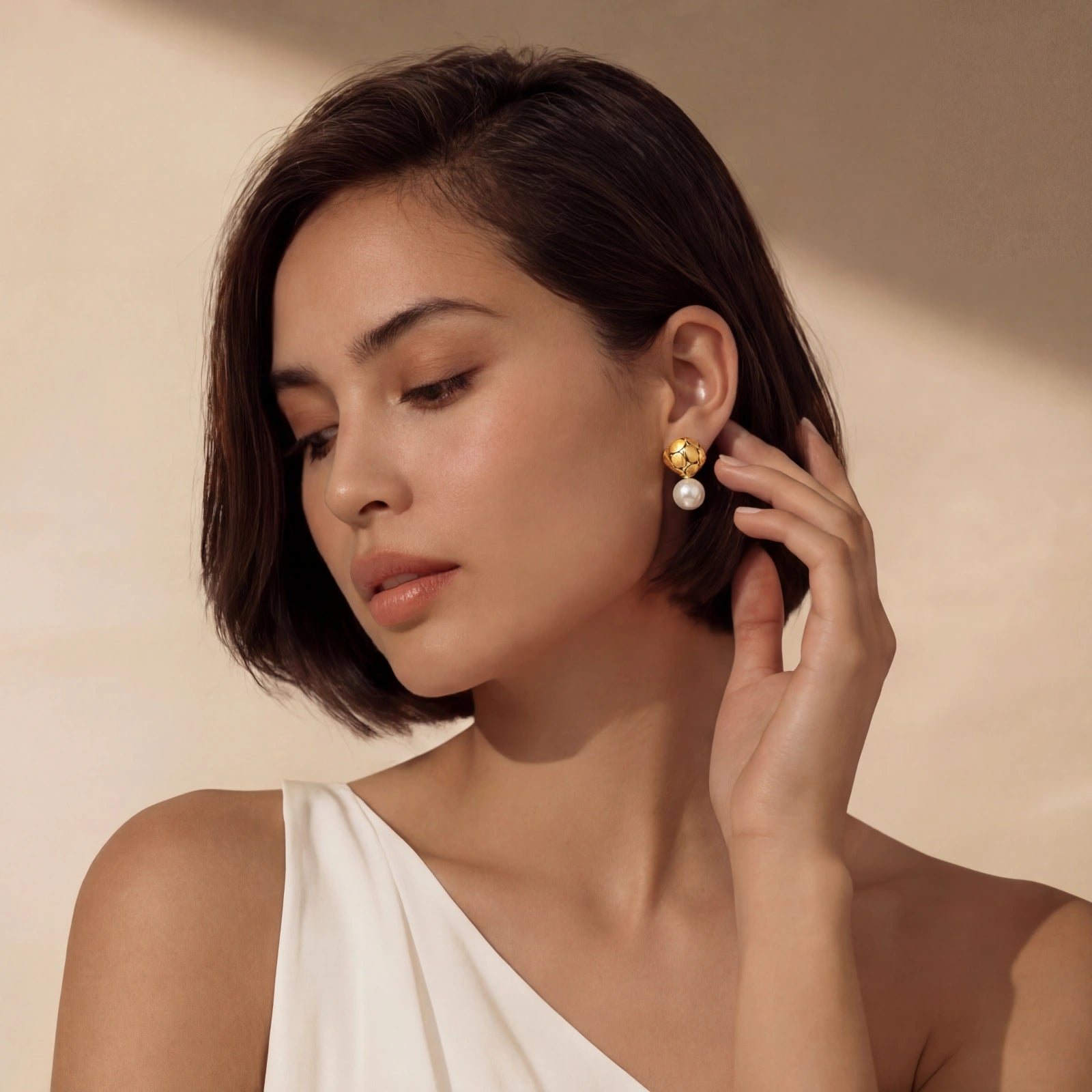 Lifestyle view of Petal Drop Pearl Earrings by Averuna Jewellery