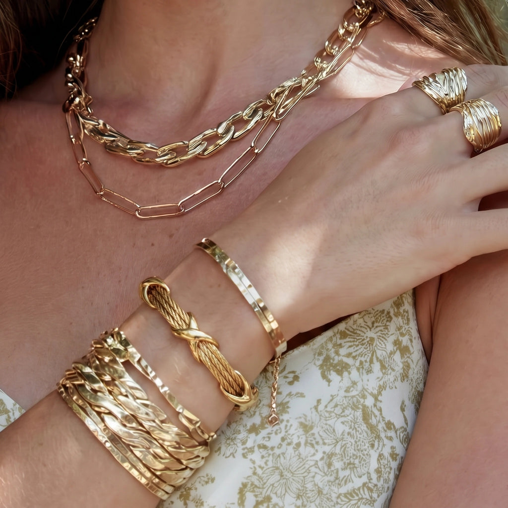 Lifestyle view of Cross Knot Cable Bracelet by Averuna Jewellery