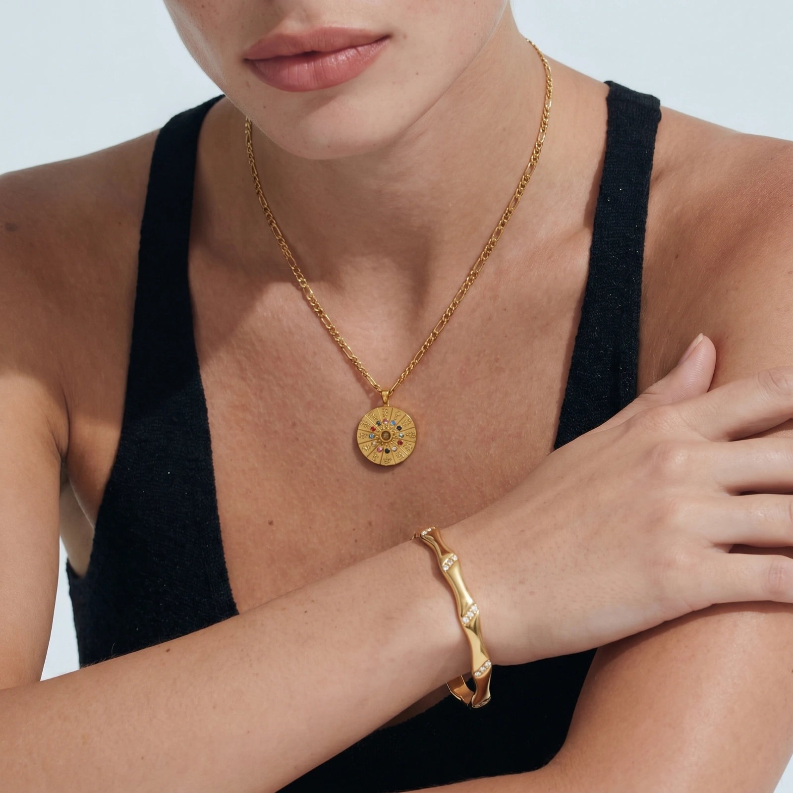 Close-up detail of Zodiac Wheel Necklace by Averuna Jewellery